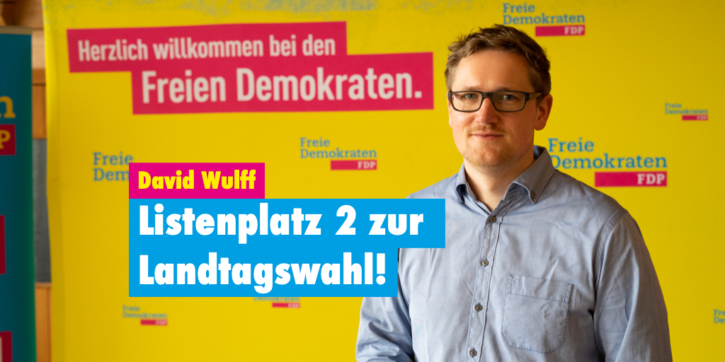 David Wulff vor einer mit Logos der freien Demokraten verzierten Wand